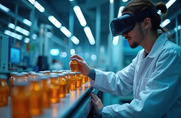 Poster - Researcher in lab coat, VR headset inspects vial in hi-tech pharma laboratory with blue tones. Scientist examines ampoules row. Pharma, modern tech, science concept for healthcare innovation.