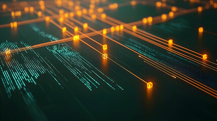 Abstract Digital Network Illustration With Glowing Orange Lines Over Green Circuit Board Background