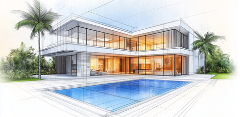 연필로 그린 2층 주택 앞에는 풀장이 있고, 노을이 보인다. in front of the two-story house drawn in pencil, there is a pool a