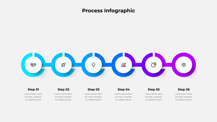 Wall Mural - Clean and modern infographic six steps connected with a gradient line and icons. Perfect for presentations, process illustrations, or project planning