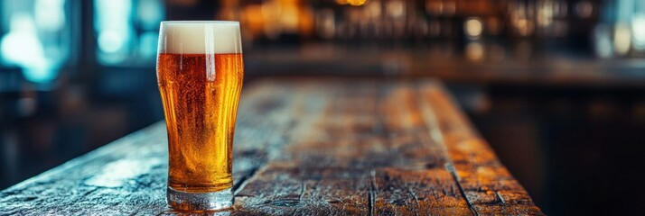 Fototapete - Craft beer served in a glass on a rustic wooden table at a lively bar during the evening. Generative AI