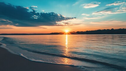 Poster - Beautiful sunset over calm water with clouds and vibrant colors in the sky reflecting on the lake. Generative AI