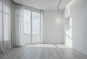 Poster - An empty modern room with white curtains and natural light