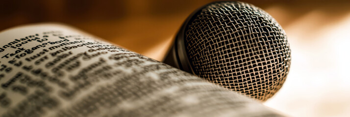 Poster - Modern Microphone Creates a Shadow Resembling a Book, Blending Storytelling and Technology
