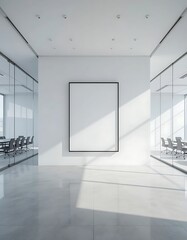 Poster - Modern empty white frame with sunlight in an office setting