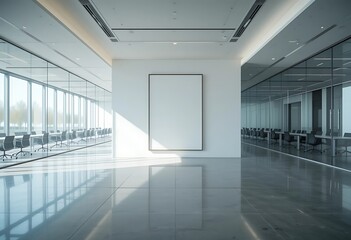 Poster - Modern conference room interior with blank picture frame centered