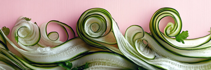 Poster - Artful Display of Cucumber Peel Spirals Against a Gentle Pastel Backdrop Showcases Organic Elegance
