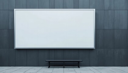 Poster - Blank billboard hangs above a black bench against a dark wall