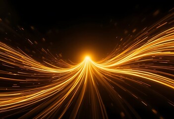 Poster - Bright golden light rays radiate upwards from the dark background