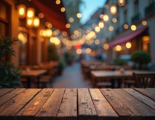 Poster - Empty wooden table top on blurred night cafe background. Evening scene with soft focus interior restaurant. Mockup surface for product display. Blurry city lights, vintage architecture, urban design.
