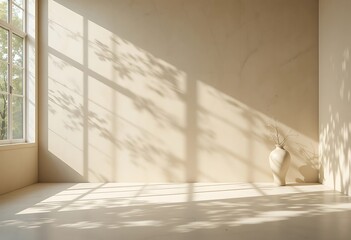 Poster - A room with a window and sunlight creating shadows and a vase