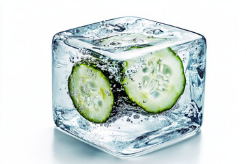 Poster - Refreshing Cucumber Ice Cube Captures the Essence of Chill and Minimalism on a Bright Background