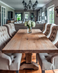 Aufkleber - Elegant Dining Setup With Wooden Table and Inviting Armchairs in a Cozy Space