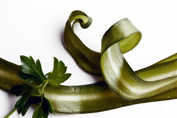 Poster - Peeled Cucumber Ribbon Elegantly Flowing Alongside Fresh Herb Garnish in a Minimalist Setting