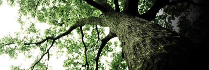 Aufkleber - Tree of Life Intertwined With Technology Revealing Glowing Circuits Beneath the Bark