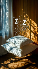 Poster - Experience Deep Relaxation With Soft Pillows and Dreamy Z Symbols Floating in Serene Light