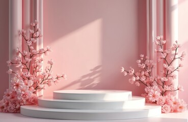 Aufkleber - Front view of white podium decorated with flowers. Pink background with blank space for advertising. Round platform pedestal for product presentation, cosmetic showcase. Studio template, minimal