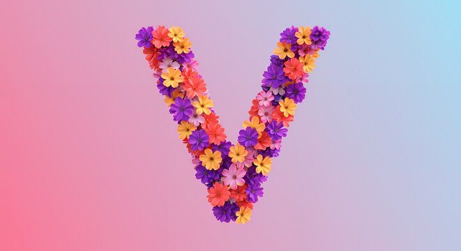 Floral Letter V Design with Colorful Flowers on Gradient Background