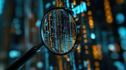 A magnifying glass hovers over a computer screen filled with code, showcasing the meticulous process of online investigation