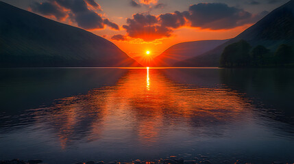 Wall Mural - Sunset over the Lake: A breathtaking vista of a stunning sunset over a tranquil lake. The sun's radiant glow casts a fiery reflection upon the water's surface. This picturesque scene.