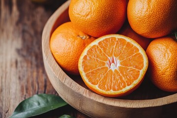 Poster - Fresh oranges displayed in a wooden bowl with one orange sliced open revealing juicy segments. Generative AI