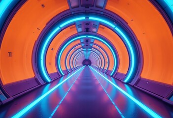 Poster - A futuristic tunnel with glowing lights and orange walls
