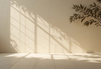 Poster - Minimalist Interior with Sunlight and Plant Shadow on Textured Wall
