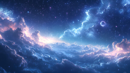 Wall Mural - Celestial Clouds: An awe-inspiring digital painting of a starry night sky filled with luminous clouds, a celestial dance of light and color.