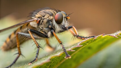Macro World: An up-close, captivating view of a robber fly perched on a vibrant green leaf, showcasing its intricate details.
