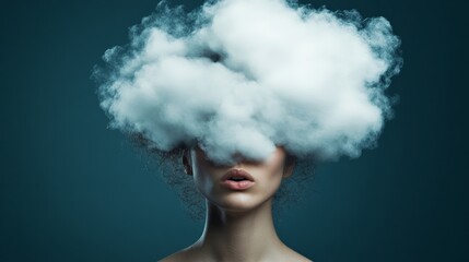 Aufkleber - Woman with curly hair covering her face with a white cloud, symbolizing stress, burnout, and information overload in a surreal and conceptual portrait