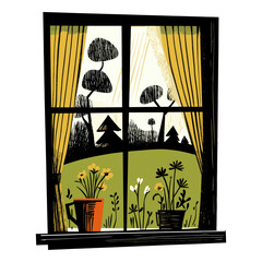 Poster - Linocut window illustration landscape flowers vector