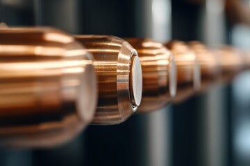 Detailed view of polished copper pipes in industrial setting showcasing craftsmanship and design elements