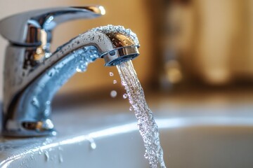 Aufkleber - Water flows from a modern kitchen faucet into a clean sink in a bright setting during daylight hours. Generative AI