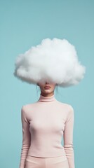 Aufkleber - Studio portrait of a young woman with a large white cloud covering her head, symbolizing thoughts, ideas, dreams, confusion, or mental overload, against a light blue background