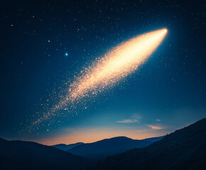 Poster - Astrophotography event capturing a comet's bright tail over mountainous landscape