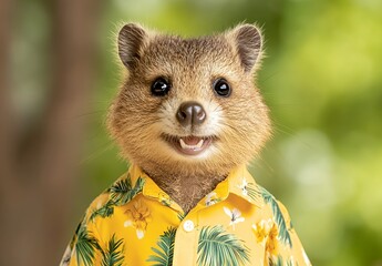 smiling furry creature in yellow hawaiian shirt