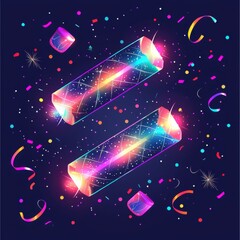 Poster - neon prisms celebration: two vibrant, iridescent neon prisms float against a dark background, surrou