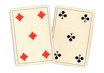 a pair of antique playing cards of the same value on a white background.