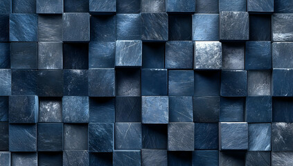 Poster - Dark navy blue geometric background with a dark gray texture of three-dimensional cubes, perfect for technology or science themes