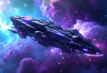 Wall Mural - Gigantic spaceship glides through a vibrant and colorful nebula