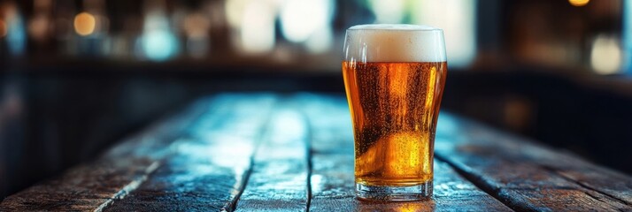 Fototapete - Refreshing glass of beer sits on a rustic wooden table in a cozy bar during evening hours. Generative AI