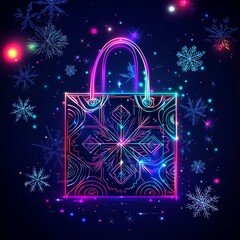 Poster - holiday shopping glow: a mesmerizing shopping bag glows amidst a flurry of illuminated snowflakes, e