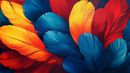 Poster - Close-up of colorful parrot feathers, featuring vibrant red, blue, and yellow colors in a photo-realistic 