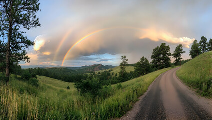 Wall Mural - panoramic photograph of a rainbow over a mountain road, with green grass and trees, and a dramatic s