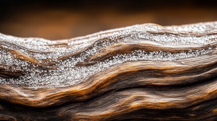 Canvas Print - Close-up of a snow-dusted piece of wood, showcasing its rich, textured grain.