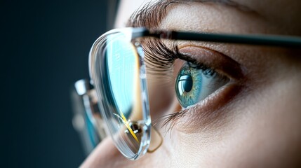 Poster - Close up of a woman's eye wearing eyeglasses, showcasing perfect vision and healthy eyesight, highlighting the importance of regular eye checkups and proper eye care