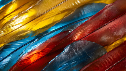 Poster - Close-up of colorful parrot feathers, featuring vibrant red, blue, and yellow colors in a photo-realistic 