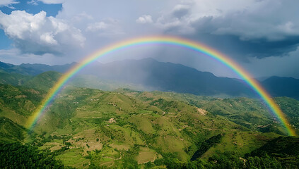 Wall Mural - a rainbow arching over the mountains, casting its vibrant colors on lush green hills under a dramati