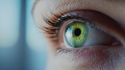 Poster - Extreme close up highlighting a woman's green eye with intricate details of the iris, pupil, and eyelashes, perfect for ophthalmology and beauty projects