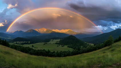 Wall Mural - a panoramic view of the carpathian mountains with a rainbow arching over them, showcasing green gras